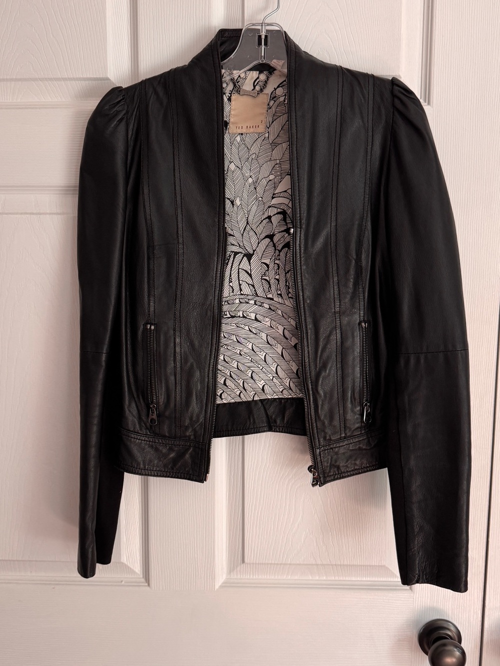 Ted Baker Black Leather Zip-Front Women's Jacket with Subtle Puff Shoulders